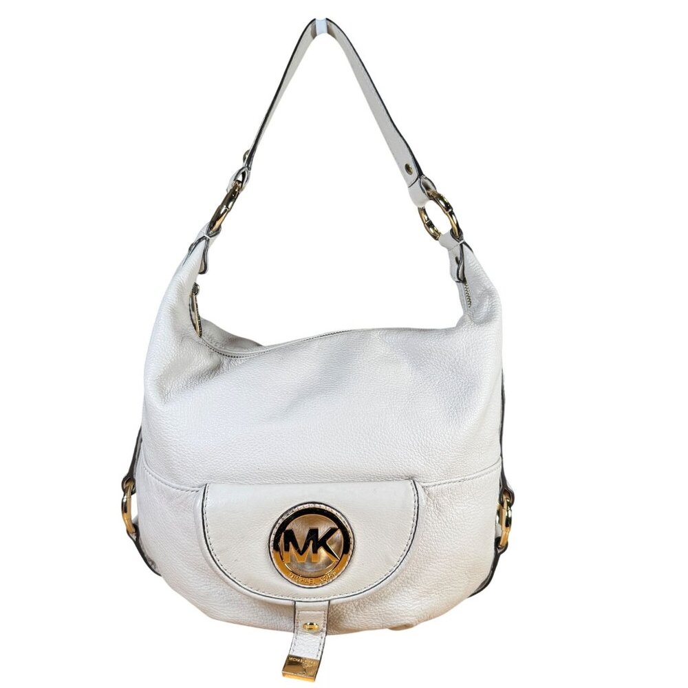 Michael Kors Fulton Vanilla Pebbled Leather Hobo Handbag with Gold Hardware